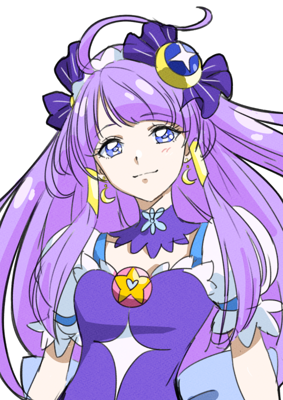 1girl bangs blue_eyes choker closed_mouth collarbone crescent crescent_earrings cure_selene earrings eyebrows_visible_through_hair floating_hair hair_ornament hair_tubes jewelry long_hair looking_at_viewer precure purple_hair shiny shiny_hair short_sleeves simple_background smile solo star_twinkle_precure tsukikage_oyama upper_body very_long_hair white_background