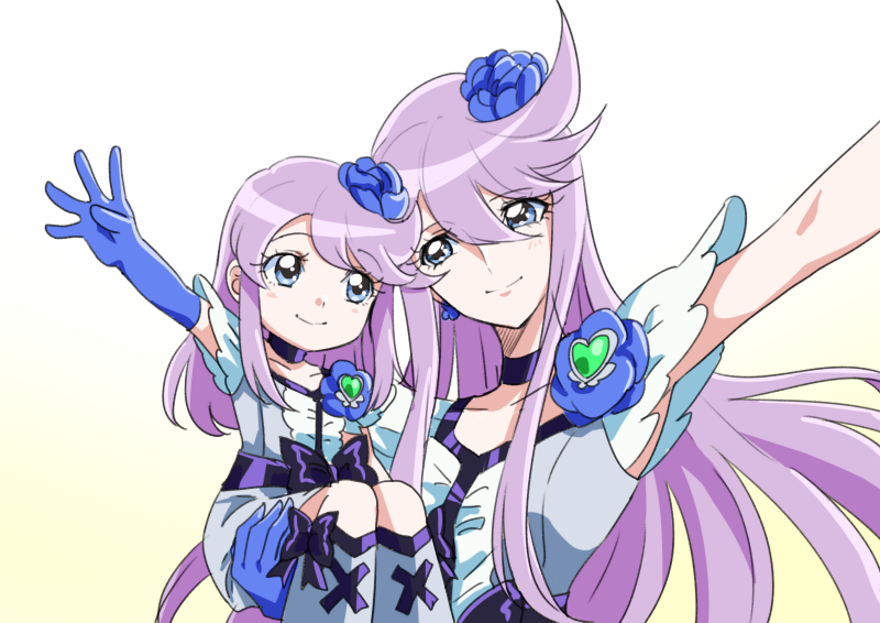 2girls armpits bangs blue_eyes blue_gloves carrying choker closed_mouth collarbone cure_moonlight elbow_gloves eyebrows_visible_through_hair floating_hair gloves hair_between_eyes heartcatch_precure! kneehighs long_hair looking_at_viewer multiple_girls precure purple_hair shiny shiny_hair simple_background smile swept_bangs tsukikage_oyama very_long_hair white_background