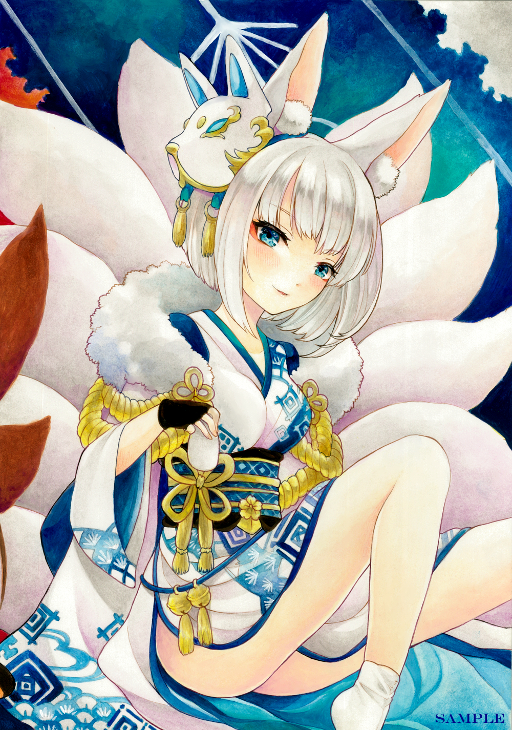 amateras animal_ears azur_lane bangs blue_eyes blunt_bangs eyeliner eyeshadow fox_ears fox_girl fox_mask fox_tail fur-trimmed_kimono fur_trim highres japanese_clothes kaga_(azur_lane) kaga_(white_fox's_new_year_greetings)_(azur_lane) kimono kitsune makeup mask mask_on_head multiple_tails sample short_hair tail white_hair white_kimono