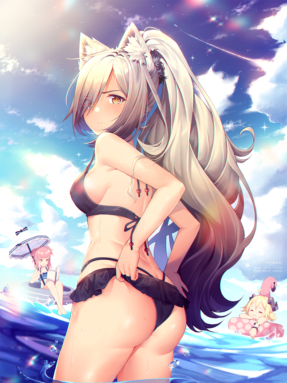 3girls ahoge animal_ear_fluff animal_ears arknights ass bangs bare_arms bare_shoulders bikini black_bikini blonde_hair blue_sky blush book breasts cat_ears ceylon_(arknights) clouds commentary cowboy_shot day eyebrows_visible_through_hair from_behind hair_over_one_eye highres holding holding_book ifrit_(arknights) innertube kuri_(animejpholic) long_hair long_ponytail looking_at_viewer looking_back medium_breasts multiple_girls ore_lesion_(arknights) pink_hair ponytail schwarz_(arknights) silver_hair sky standing swimsuit thighs umbrella very_long_hair wading water white_umbrella yellow_eyes