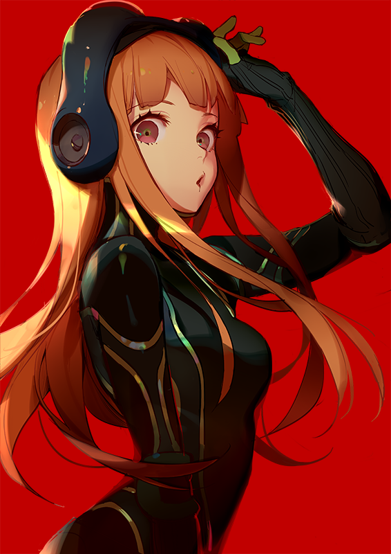 1girl ask_(askzy) bangs bodysuit brown_eyes brown_hair commentary_request eyebrows_visible_through_hair from_side gloves goggles green_gloves hand_up long_hair looking_at_viewer persona persona_5 red_background sakura_futaba simple_background solo upper_body