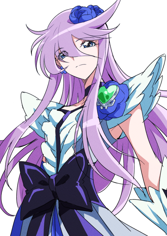 1girl bangs black_bow blue_eyes bow choker closed_mouth collarbone cure_moonlight dress earrings eyebrows_visible_through_hair eyes_visible_through_hair floating_hair frown hair_between_eyes heartcatch_precure! jewelry long_hair looking_at_viewer precure purple_hair shiny shiny_hair simple_background sleeveless sleeveless_dress solo standing tsukikage_oyama very_long_hair white_background white_dress