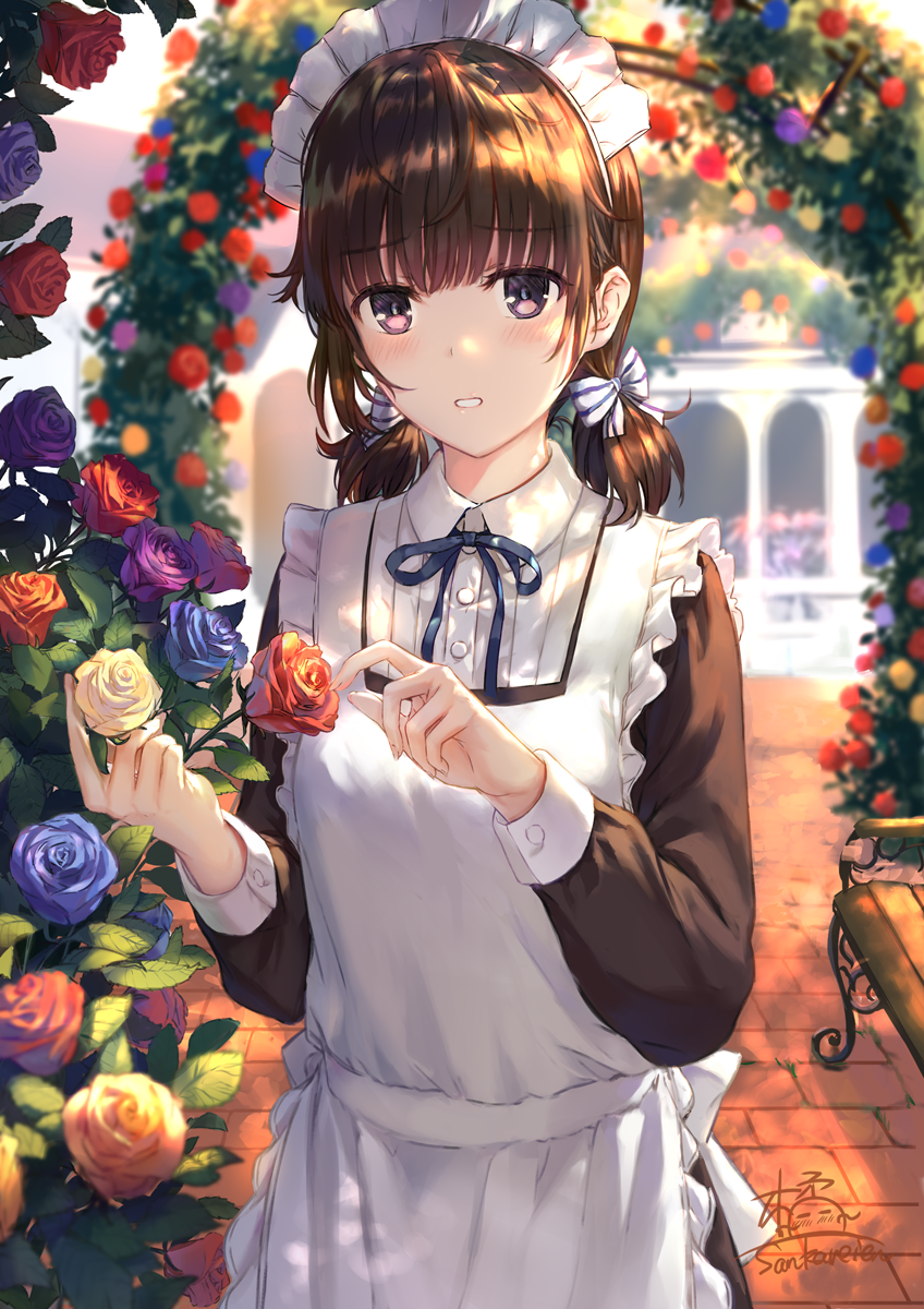1girl apron arch bangs bench blue_flower blue_neckwear blue_ribbon blue_rose blurry bow collared_dress dappled_sunlight day depth_of_field floral_arch flower frilled_apron frills garden hair_bow highres holding holding_flower long_sleeves looking_at_viewer low_twintails maid maid_apron maid_headdress neck_ribbon orange_flower orange_rose original park_bench parted_lips pavement purple_flower purple_rose red_flower red_rose ribbon rose sankareien solo striped striped_bow sunlight twintails upper_body violet_eyes white_apron yellow_flower yellow_rose