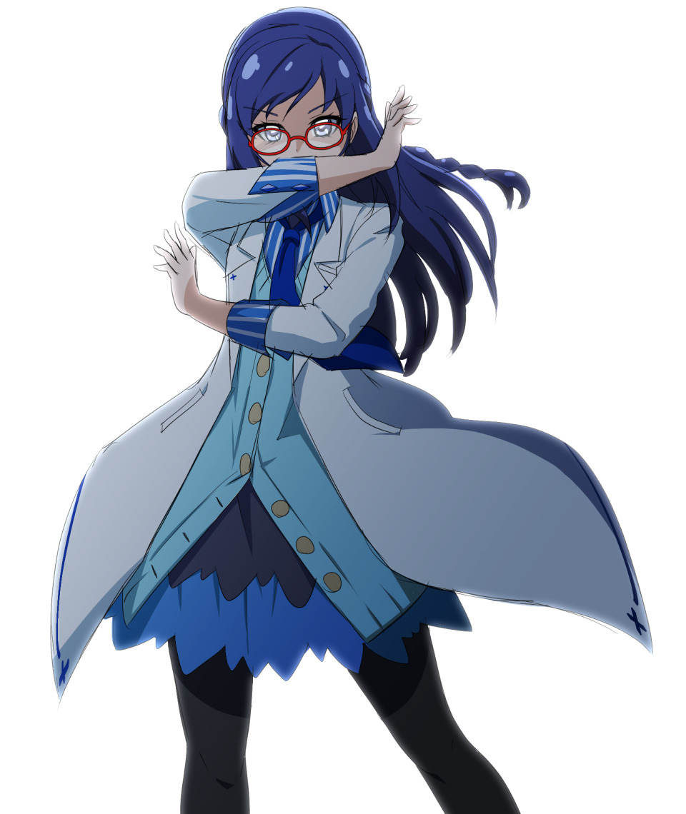 1girl acchi_(koiyimknp) black_legwear black_skirt blue_cardigan blue_eyes blue_hair blue_neckwear blue_shirt blue_skirt braid collared_shirt dokidoki!_precure floating_hair glasses hishikawa_rikka labcoat layered_skirt long_hair looking_at_viewer necktie okabe_rintarou pantyhose pose precure red-framed_eyewear shiny shiny_hair shirt simple_background skirt solo standing steins;gate striped striped_shirt vertical-striped_shirt vertical_stripes very_long_hair white_background wing_collar