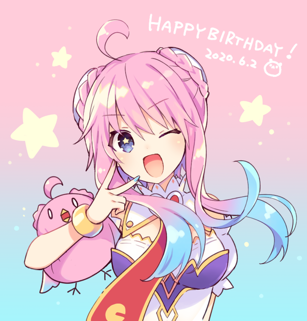 1girl ahoge blue_hair blush bracelet breasts compile_heart dated eyebrows_visible_through_hair happy_birthday ileheart jewelry looking_at_viewer multicolored_hair one_eye_closed open_mouth pink_hair sidelocks small_breasts smile solo star-shaped_pupils star_(symbol) symbol-shaped_pupils tsunako twintails two-tone_hair v violet_eyes virtual_youtuber