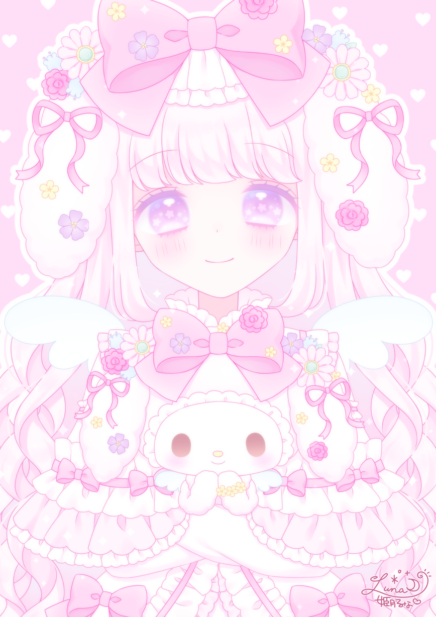 1girl bangs blue_flower blush bow capelet closed_mouth commentary_request creature dress eyebrows_visible_through_hair flower hair_bow hair_flower hair_ornament hair_ribbon heart heart_background highres himetsuki_luna hug long_hair mini_wings my_melody onegai_my_melody outline pink_background pink_bow pink_flower pink_ribbon purple_flower purple_rose ribbon rose signature smile upper_body very_long_hair violet_eyes white_capelet white_dress white_hair white_outline white_wings wings