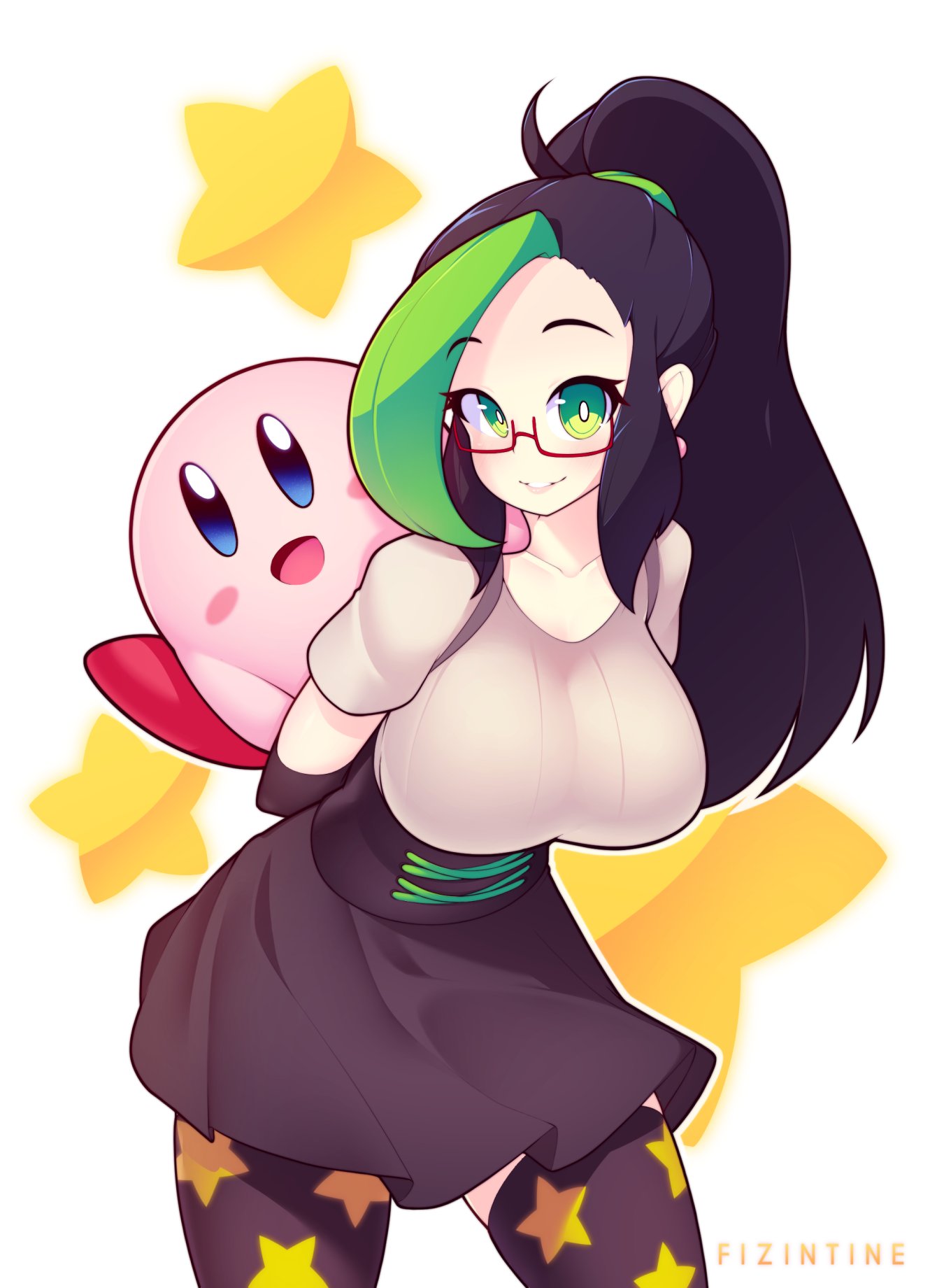 1girl artist_name black_hair black_legwear blush breasts collarbone commission eyebrows_visible_through_hair fizintine green_eyes green_hair highlights highres kirby kirby_(series) large_breasts long_hair looking_at_viewer multicolored_hair original parted_lips ponytail rectangular_eyewear red-framed_eyewear semi-rimless_eyewear smile star_(symbol) star_print thigh-highs two-tone_hair under-rim_eyewear