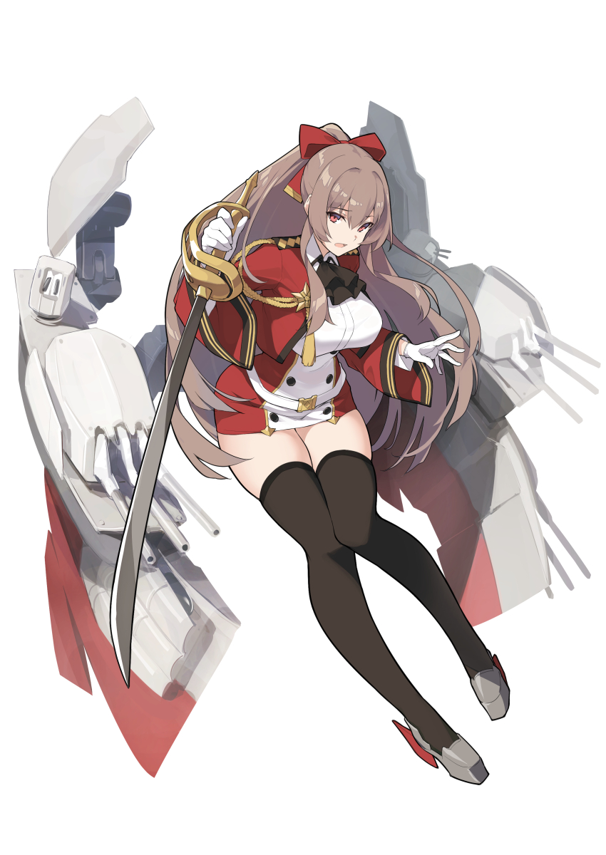 1girl azur_lane black_legwear black_neckwear bow breasts brown_hair collared_shirt commentary cravat cropped_jacket double-breasted eyebrows_visible_through_hair full_body gloves hair_between_eyes hair_bow highres holding holding_sword holding_weapon jacket kekemotsu large_breasts long_hair looking_at_viewer military military_uniform miniskirt open_clothes open_jacket open_mouth ponytail red_eyes red_jacket red_skirt reverse_grip rigging saber_(weapon) shirt simple_background skindentation skirt skirt_set solo straight_hair swiftsure_(azur_lane) sword thigh-highs turret uniform weapon white_background white_gloves white_shirt wing_collar