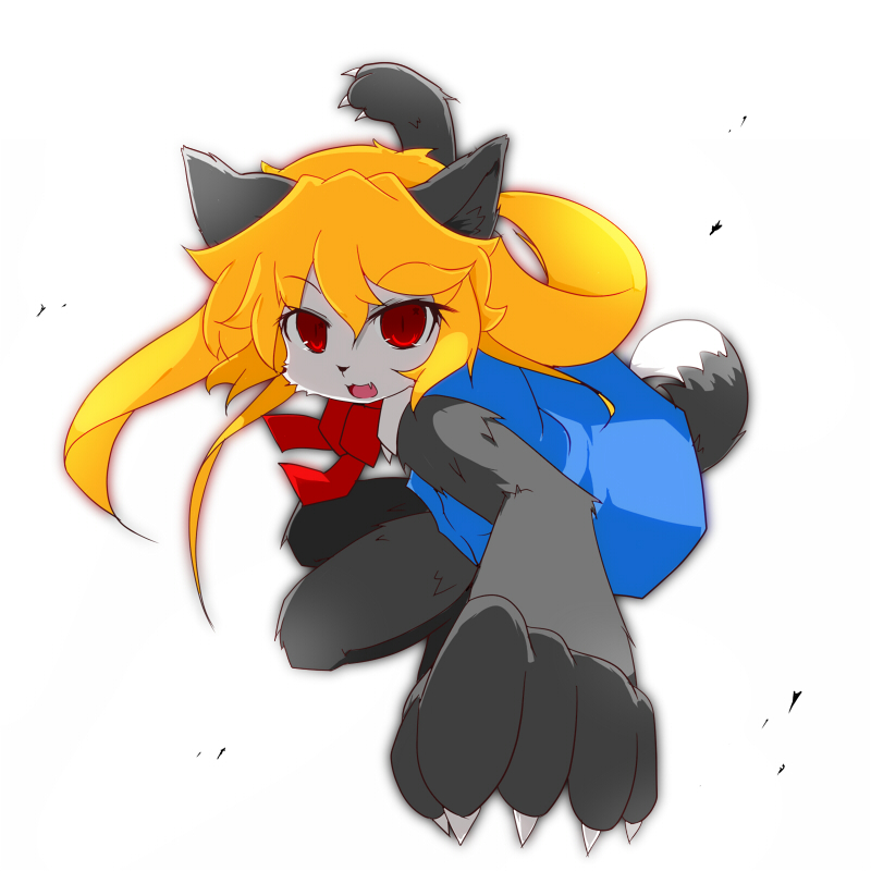 1girl :3 :d akuma_gaoru animal_ears animal_nose bangs black_fur blonde_hair blue_dress bow claws commentary_request dress eyebrows_visible_through_hair fang full_body furry futaba_channel hair_between_eyes long_hair looking_at_viewer open_mouth partial_commentary rai_(sakuranbo_sugar) red_bow red_eyes simple_background slit_pupils smile solo tail two-tone_fur white_background white_fur