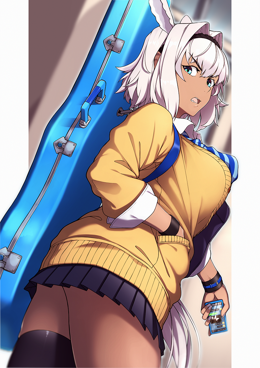 1girl animal_ears ass bangs black_skirt blue_eyes breasts caenis_(fate) cellphone collared_shirt contemporary dark_skin dress_shirt fate/grand_order fate_(series) hair_intakes hairband highres instrument_case large_breasts long_hair long_sleeves looking_at_viewer mku open_mouth phone ponytail shirt skirt sweater thighs white_shirt wristband yellow_sweater