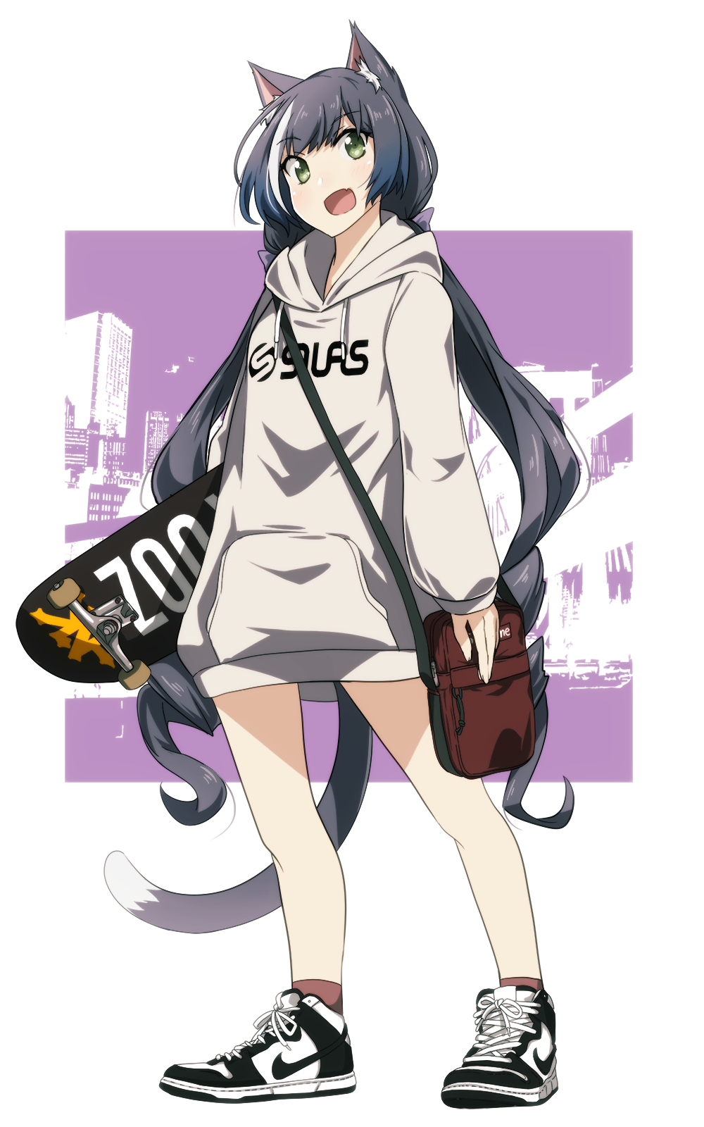 :d animal_ear_fluff animal_ears bag bangs bare_legs black_footwear black_hair blush casul cat_ears cat_girl cat_tail clothes_writing commentary_request contemporary eyebrows_visible_through_hair full_body green_eyes grey_hoodie highres hood hood_down karyl_(princess_connect!) long_hair long_sleeves low_twintails multicolored_hair open_mouth shoes shoulder_bag skateboard smile sneakers standing streaked_hair tail tom_(drpow) town twintails two-tone_background very_long_hair white_hair