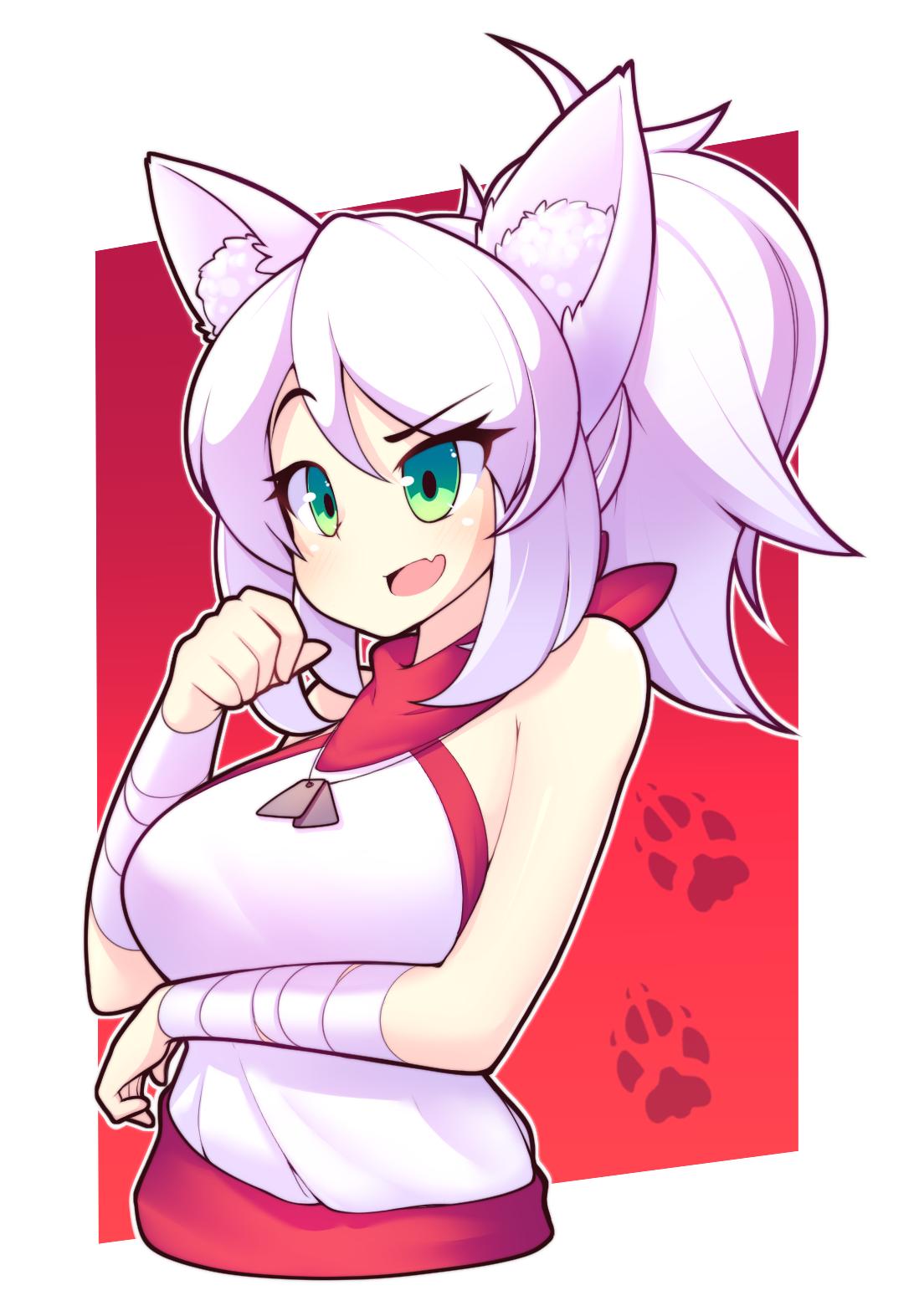 1girl animal_ears arm_under_breasts blush breast_lift breasts commission dog_tags eyebrows_visible_through_hair fang fizintine fox_ears green_eyes hair_between_eyes highres large_breasts looking_away open_mouth original short_hair short_ponytail sleeveless smile solo upper_body white_hair