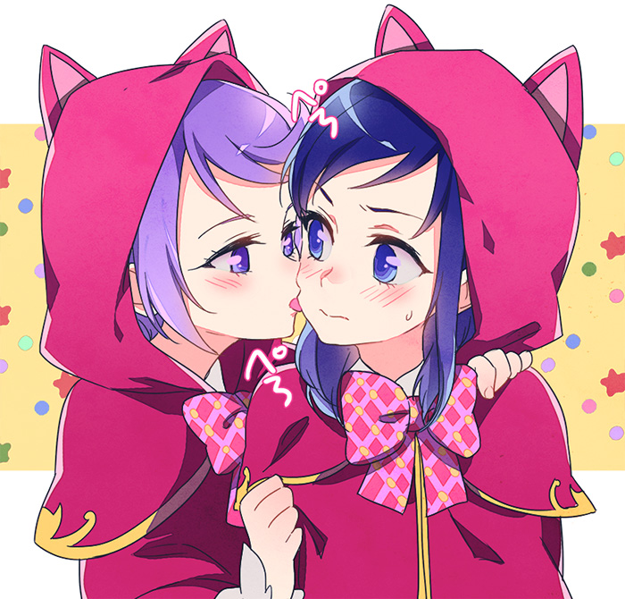 2girls animal_ears animal_hood bangs blue_eyes blue_hair blush bow cape capelet cat_ears cat_hood cheek_licking closed_mouth dokidoki!_precure embarrassed eye_contact face_licking fake_animal_ears hand_on_another's_shoulder hishikawa_rikka hood hooded_capelet kenzaki_makoto licking long_hair long_sleeves looking_at_another multiple_girls negom pink_neckwear plaid plaid_bow precure purple_hair red_cape shiny shiny_hair short_hair sweatdrop swept_bangs upper_body violet_eyes younger