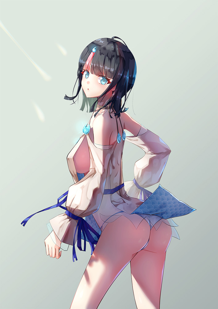 1girl arched_back ass back bangs bare_shoulders black_hair blue_eyes blue_ribbon blush breasts dreamkite dress fate/grand_order fate/requiem fate_(series) fundoshi japanese_clothes jewelry large_breasts light_rays long_sleeves looking_at_viewer looking_back magatama magatama_hair_ornament medium_hair multicolored_hair necklace open_mouth pelvic_curtain pink_hair puffy_long_sleeves puffy_sleeves ribbon short_dress sideboob sideless_outfit streaked_hair thighs utsumi_erise white_dress