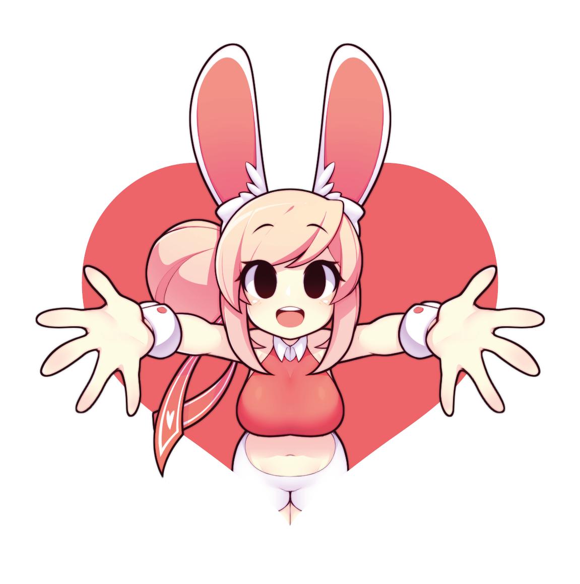 1girl animal_ears bangs blush breasts bunny_girl crop_top eyebrows_visible_through_hair fiz_(fizintine) fizintine hair_bun hair_ribbon heart large_breasts looking_at_viewer navel open_mouth original outstretched_arms pink_hair rabbit_ears red_ribbon ribbon short_hair short_shorts shorts sidelocks smile solo swept_bangs upper_teeth white_shorts wrist_cuffs