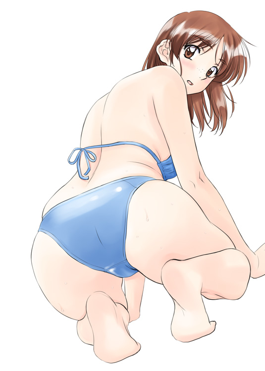 1girl adachi_taeko ass barefoot bikini blue_bikini blush brown_hair full_body looking_back medium_hair polorinken sentimental_graffiti simple_background solo squatting swimsuit white_background