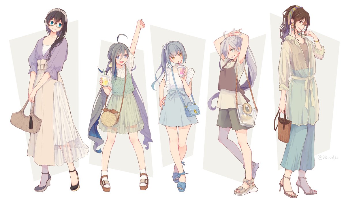 5girls ahoge alternate_costume arm_up arms_up asashimo_(kantai_collection) ashigara_(kantai_collection) bag bangs black_hair brown_hair colis cup disposable_cup drinking drinking_straw earrings full_body glasses grey_hair hair_between_eyes hair_over_one_eye hair_ribbon hairband handbag high_heels holding jewelry kantai_collection kasumi_(kantai_collection) kiyoshimo_(kantai_collection) long_hair long_skirt multiple_girls ooyodo_(kantai_collection) open_mouth ponytail ribbon shorts shoulder_bag side_ponytail silver_hair skirt smile standing twitter_username two-tone_background