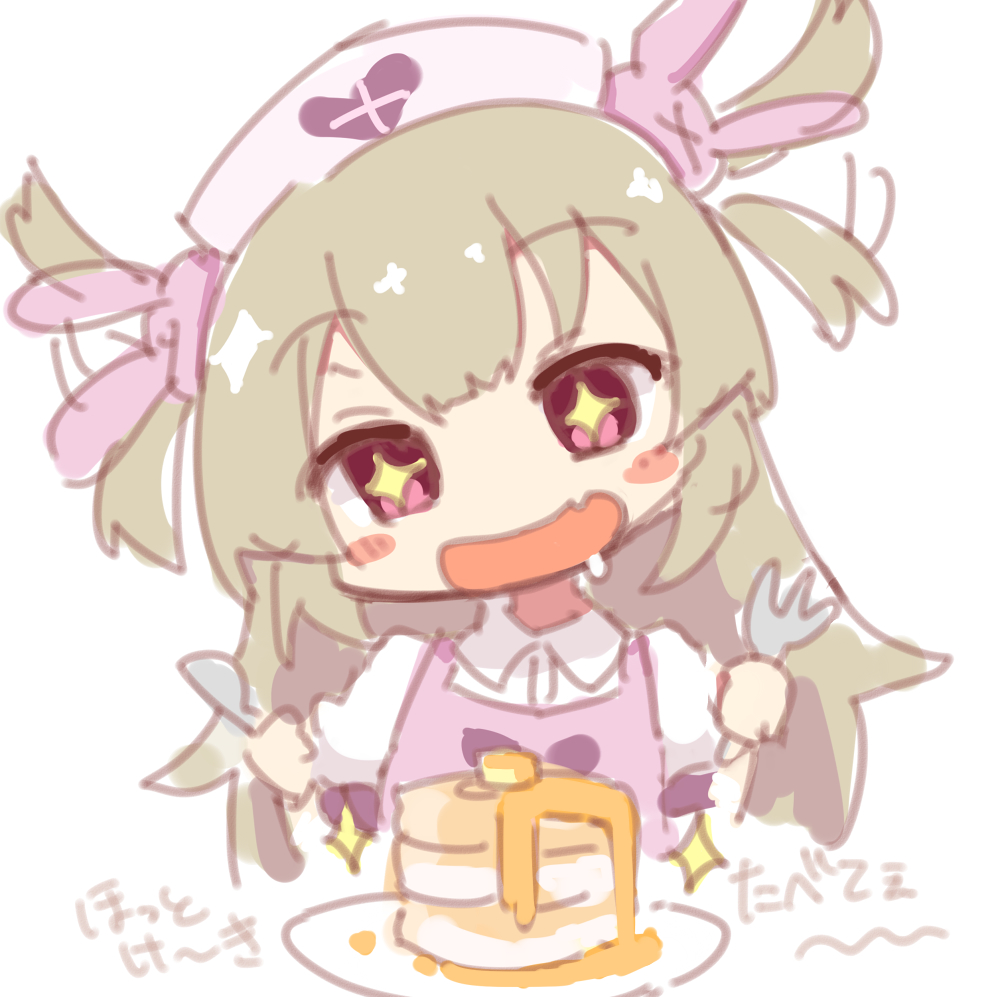 &gt;_&lt; +_+ 1girl :d apron bangs blush_stickers brown_hair bunny_hair_ornament chibi collared_shirt cropped_torso dress_shirt drooling expressive_hair eyebrows_visible_through_hair food fork hair_ornament hat heart holding holding_fork holding_knife knife koga_rejini long_hair natori_sana nurse_cap open_mouth pancake pink_apron pink_headwear plate puffy_short_sleeves puffy_sleeves saliva sana_channel shirt short_sleeves simple_background sketch smile solo stack_of_pancakes translation_request two_side_up upper_body very_long_hair violet_eyes virtual_youtuber white_background white_shirt