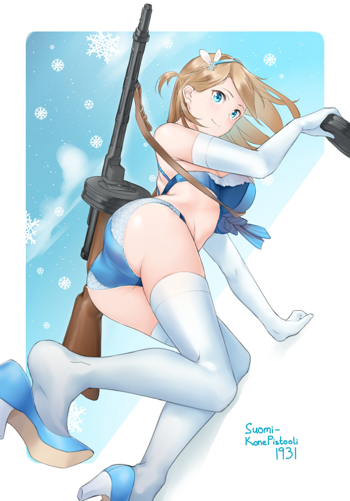 1girl all_fours blonde_hair blue_bra blue_footwear blue_hairband blue_panties bra breasts elbow_gloves floating_hair girls_frontline gloves gun hair_ornament hairband high_heels holding lace lace-trimmed_bra long_hair medium_breasts panties pumps rifle saruno_(eyesonly712) shiny shiny_hair sideboob snowflake_hair_ornament snowflakes solo suomi_kp31_(girls_frontline) thigh-highs underwear underwear_only weapon white_background white_gloves white_legwear
