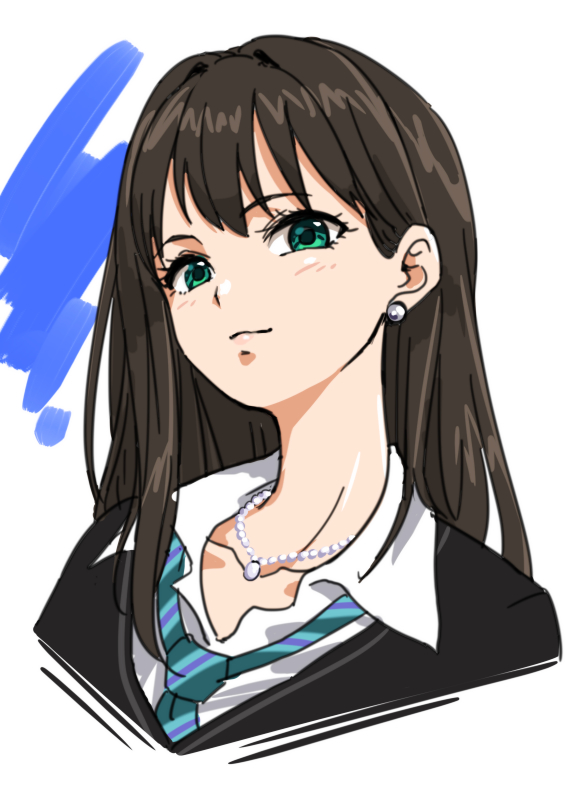 1girl aqua_neckwear bangs black_sweater blush brown_hair closed_mouth collarbone collared_shirt cropped_torso earrings eyebrows_visible_through_hair green_eyes hair_between_eyes idolmaster idolmaster_cinderella_girls jewelry long_hair looking_at_viewer necklace necktie school_uniform shibuya_rin shiny shiny_hair shirt simple_background smile smug solo striped striped_neckwear sweater tsukikage_oyama upper_body white_background white_shirt wing_collar