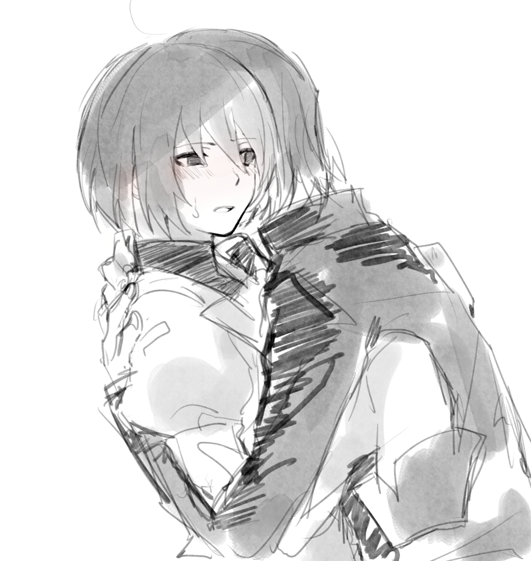 1boy 1girl ahoge araragi_koyomi black_undershirt blush bob_cut commentary empty_eyes hands_on_another's_back hug jacket juliet_sleeves long_sleeves monochrome monogatari_(series) open_mouth oshino_ougi parted_lips puffy_sleeves retto short_hair simple_background sketch sleeves_past_fingers sleeves_past_wrists surprised sweatdrop turtleneck upper_body white_background