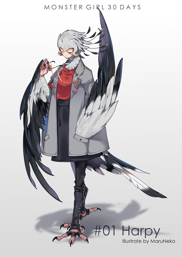 1girl artist_name bird_legs black_legwear black_skirt brooch coat eyewear_removed eyewear_strap feathered_wings full_body glasses grey_background grey_coat hand_in_pocket harpy head_feathers heart holding holding_eyewear jewelry leg_warmers looking_at_viewer maruneko monster_girl number open_clothes open_coat original red_shirt ring shadow shirt skirt solo standing tail_feathers winged_arms wings yellow_eyes