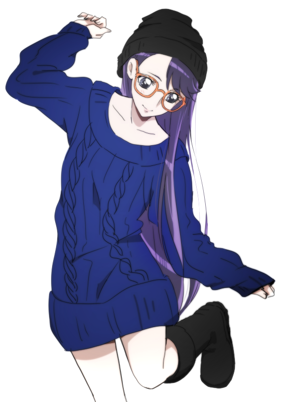 1girl asymmetrical_bangs bangs black_footwear black_headwear blue_eyes blue_sweater boots cable_knit casual closed_mouth collarbone dress glasses hat heartcatch_precure! knee_boots long_hair long_sleeves looking_down orange-framed_eyewear precure purple_hair ribbed_sweater shiny shiny_hair simple_background sleeves_past_wrists smile solo standing standing_on_one_leg straight_hair sweater sweater_dress swept_bangs tsukikage_oyama tsukikage_yuri very_long_hair white_background