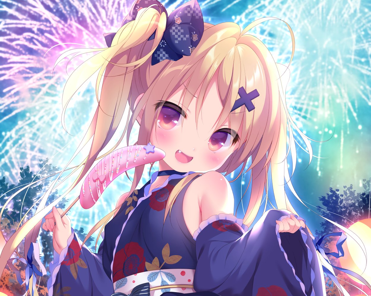 1girl :d aerial_fireworks ahoge bare_shoulders blonde_hair blue_bow blue_kimono blue_ribbon blue_sleeves blurry blurry_background blush bow breasts commentary_request depth_of_field detached_sleeves fang fireworks floral_print frilled_sleeves frills hair_bow hair_ornament hair_ribbon japanese_clothes kimono lantern long_hair long_sleeves night obi open_mouth original outdoors pinching_sleeves piyodera_mucha print_kimono print_sleeves red_eyes ribbon sash sleeveless sleeveless_kimono sleeves_past_wrists small_breasts smile solo twintails upper_body wide_sleeves x_hair_ornament