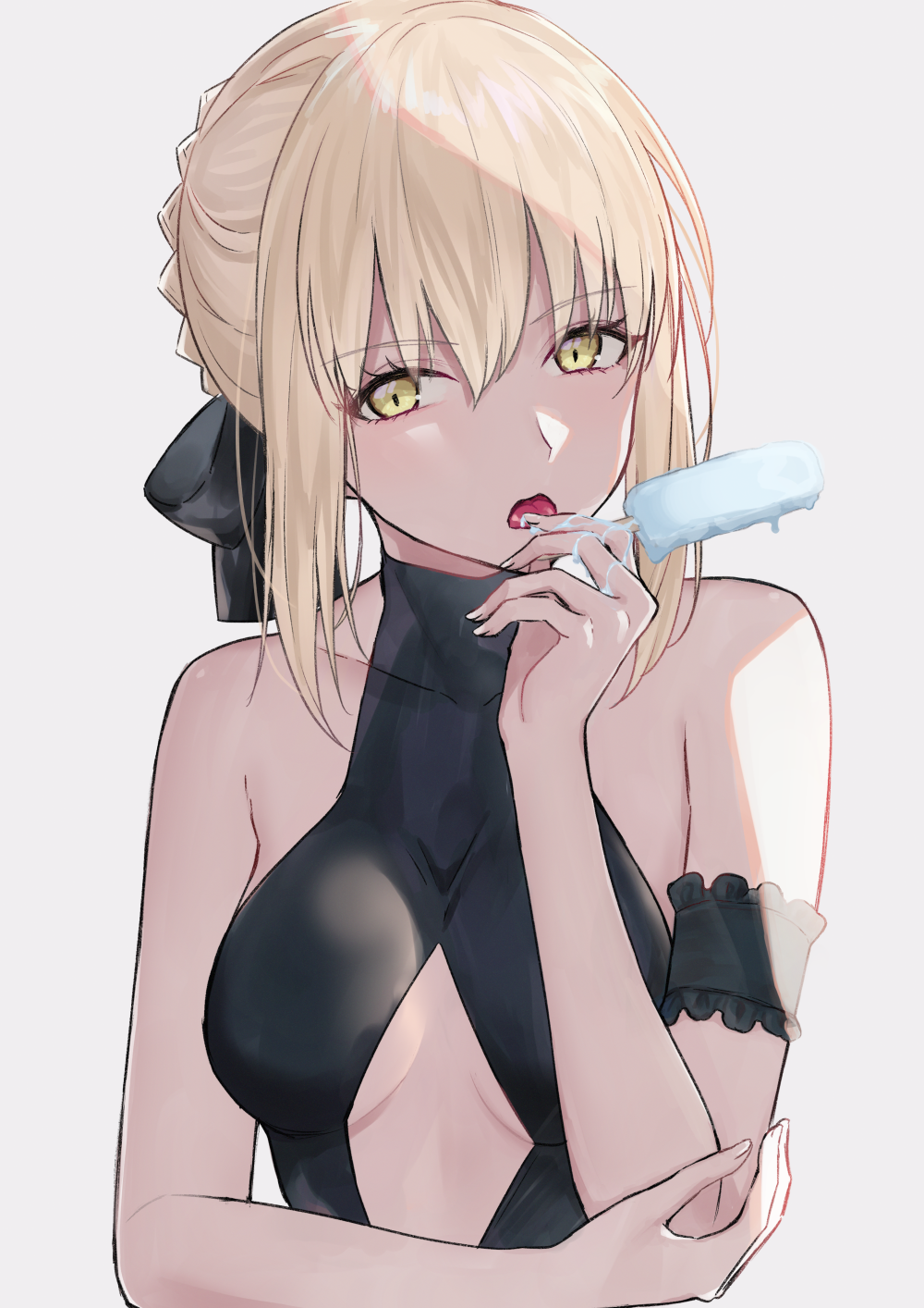 1girl arm_strap artoria_pendragon_(all) bangs bare_arms bare_shoulders black_bow black_swimsuit blonde_hair bow breasts casual_one-piece_swimsuit cleavage_cutout eyebrows_visible_through_hair fate/grand_order fate_(series) food gradient gradient_background grey_background hair_bow highres holding holding_food medium_breasts melting meltymaple one-piece_swimsuit open_mouth popsicle saber_alter short_hair sidelocks solo swimsuit tongue tongue_out upper_body yellow_eyes