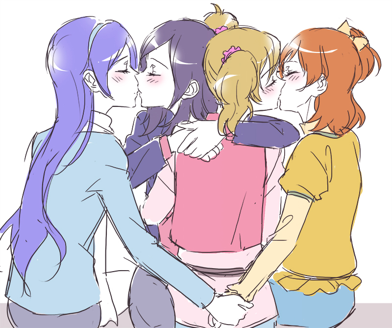 4girls aono_miki bangs blonde_hair blue_hair blue_hairband blue_jacket blue_shirt blue_skirt blush bow brown_hair closed_eyes eyebrows_visible_through_hair french_kiss fresh_precure! from_behind girl_on_top hair_between_eyes hair_bow hair_ornament hair_scrunchie hairband higashi_setsuna holding_hands imminent_kiss jacket kiss long_hair long_sleeves momozono_love multiple_girls negom one_side_up parted_bangs pink_scrunchie pink_shirt precure purple_hair scarf scrunchie shiny shiny_hair shirt short_hair short_over_long_sleeves short_sleeves simple_background sketch skirt straight_hair twintails very_long_hair white_background white_scarf white_sleeves yamabuki_inori yellow_shirt yuri