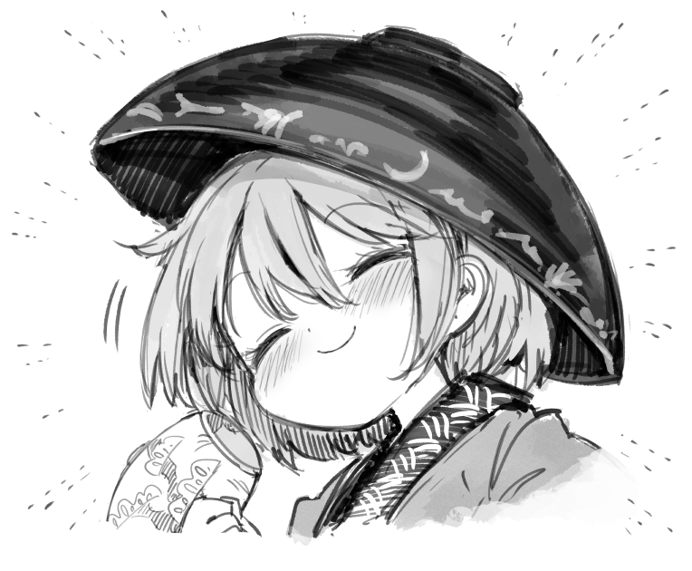 1girl blush bowl bowl_hat closed_eyes closed_mouth greyscale harusame_(unmei_no_ikasumi) hat head_tilt japanese_clothes kimono mallet monochrome portrait short_hair simple_background smile solo sukuna_shinmyoumaru touhou white_background