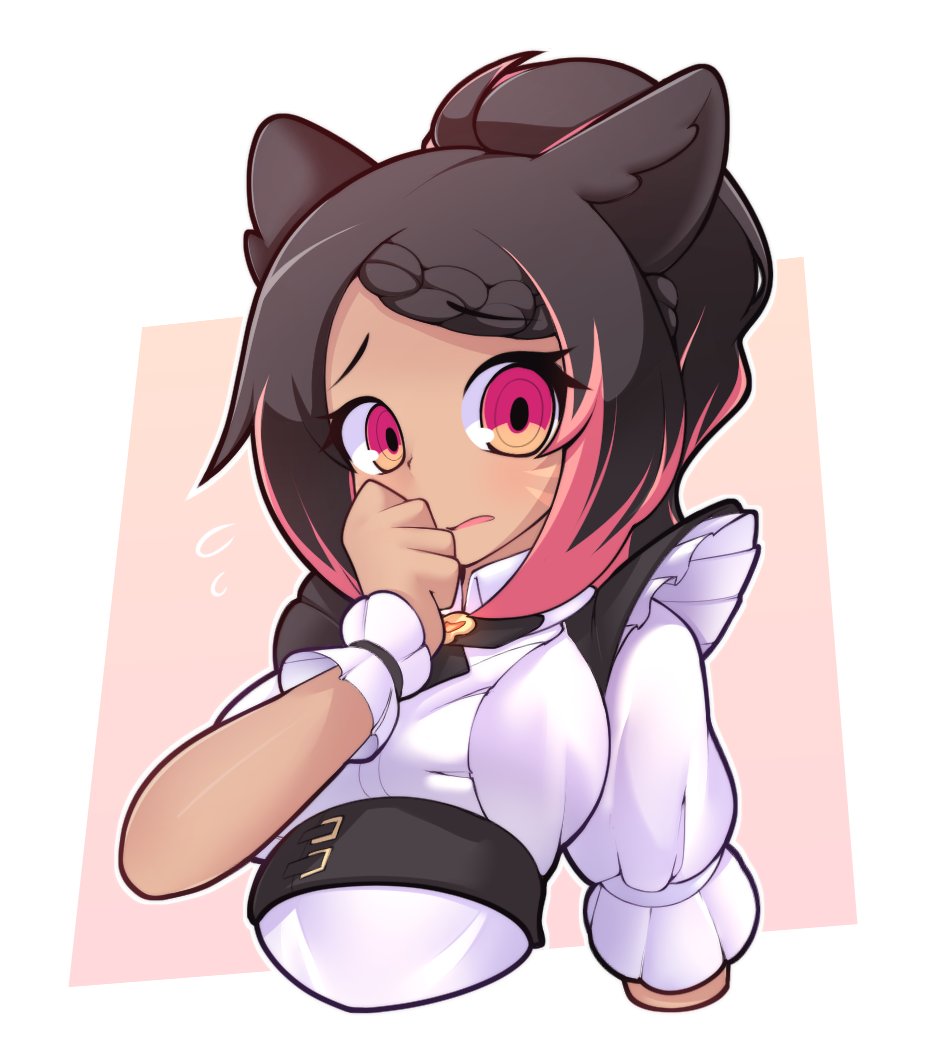 1girl animal_ears black_hair braid cat_ears commission dark_skin eyebrows_visible_through_hair fizintine flying_sweatdrops highlights looking_at_viewer maid multicolored_hair original parted_lips pink_eyes pink_hair short_hair short_sleeves shy solo two-tone_hair upper_body wrist_cuffs