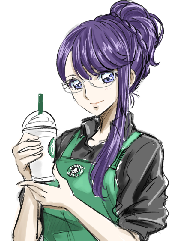 1girl bangs black_shirt blue_eyes braid closed_mouth collared_shirt dress_shirt eyebrows_visible_through_hair glasses high_ponytail holding long_hair looking_at_viewer purple_hair rimless_eyewear shiny shiny_hair shirt simple_background sketch sleeves_rolled_up smile solo starbucks swept_bangs tsukikage_oyama tsukikage_yuri upper_body white_background wing_collar