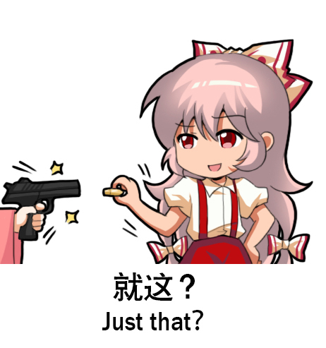 2girls :d bangs bow bullet chibi chinese_commentary chinese_text commentary_request cowboy_shot english_text eyebrows_visible_through_hair fujiwara_no_mokou gun hair_between_eyes hair_bow hand_on_hip handgun holding holding_gun holding_weapon houraisan_kaguya long_hair lowres multiple_girls open_mouth pants pink_hair pistol puffy_short_sleeves puffy_sleeves red_eyes red_pants shangguan_feiying shirt short_sleeves simple_background smile solo_focus suspenders touhou very_long_hair weapon white_background white_bow white_shirt