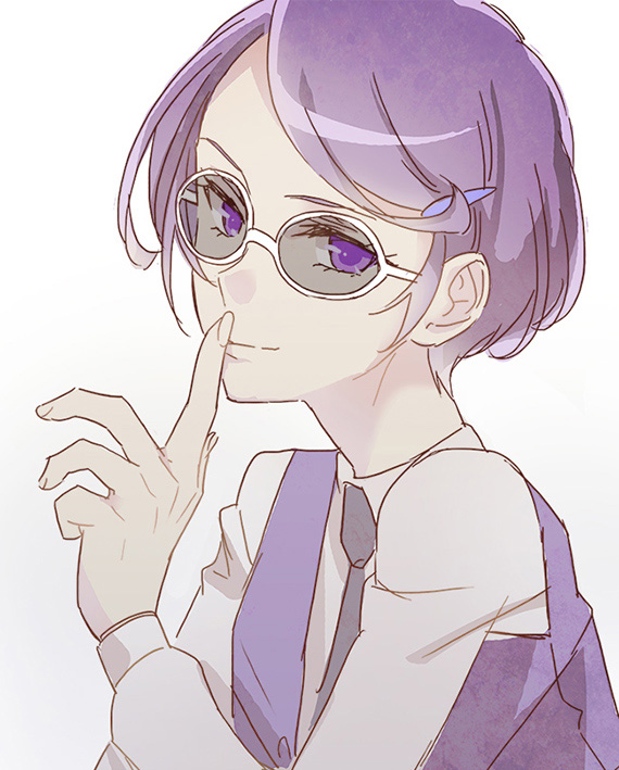 1girl bangs closed_mouth dokidoki!_precure eyes_visible_through_eyewear fresh_precure! grey_neckwear index_finger_raised kenzaki_makoto long_sleeves looking_at_viewer necktie negom precure purple_hair purple_vest shiny shiny_hair shirt short_hair simple_background smile solo sunglasses swept_bangs upper_body vest violet_eyes white-framed_eyewear white_background white_shirt