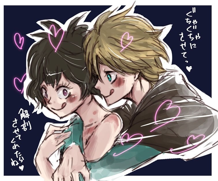 1boy 1girl black_clover black_hair blonde_hair blue_eyes blush border commentary_request heart hetero hug hug_from_behind licking_lips luck_voltia messy_hair niniro sally_(black_clover) short_hair smile tongue tongue_out translation_request upper_body violet_eyes white_border