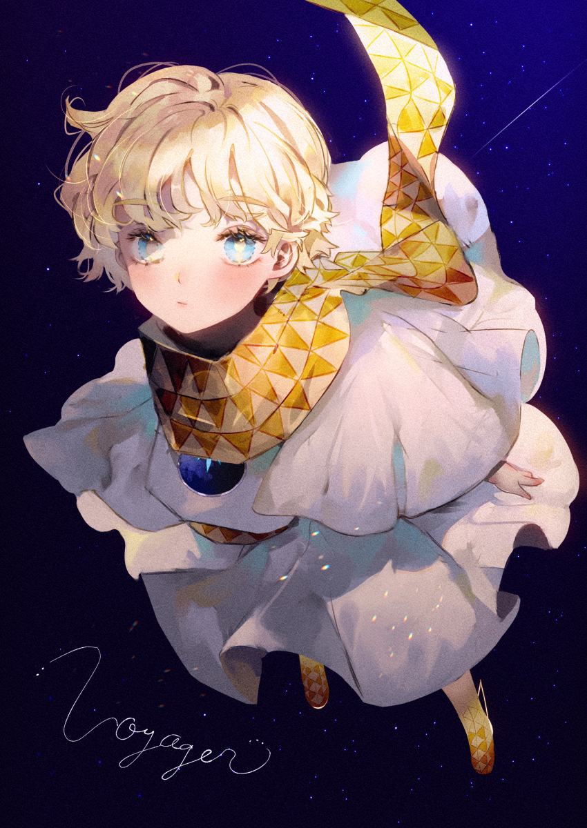 1boy baggy_clothes bangs blonde_hair blue_eyes blush bright_pupils eyebrows_visible_through_hair fate/grand_order fate/requiem fate_(series) floating full_body glowing highres looking_at_viewer majamari male_focus open_mouth parted_bangs scarf shiny shiny_hair shooting_star short_sleeves sky smile solo space star_(sky) star_(symbol) starry_background starry_sky voyager_(fate/requiem) yellow_scarf