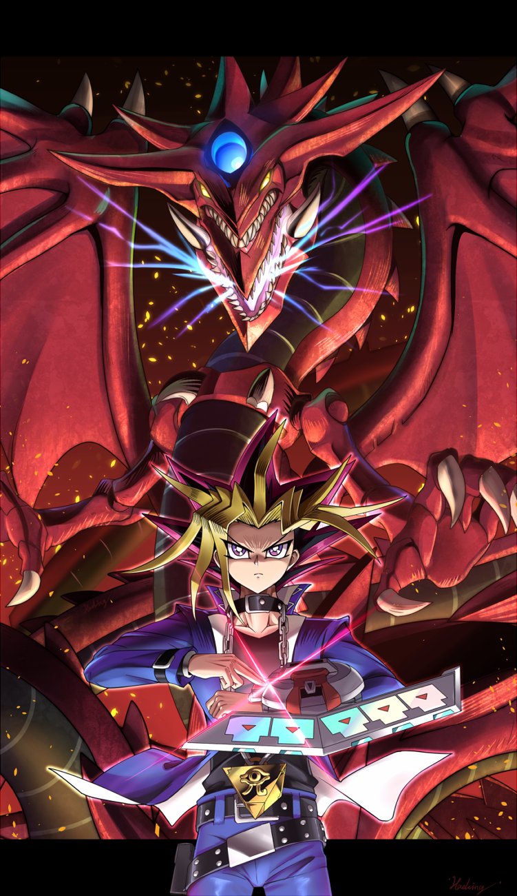 belt collar dragon dragon_wings duel_disk duel_monster extra_mouth fangs glowing_mouth hawe_king highres millennium_puzzle multicolored_hair mutou_yuugi osiris_the_sky_dragon spiky_hair violet_eyes wings yuu-gi-ou