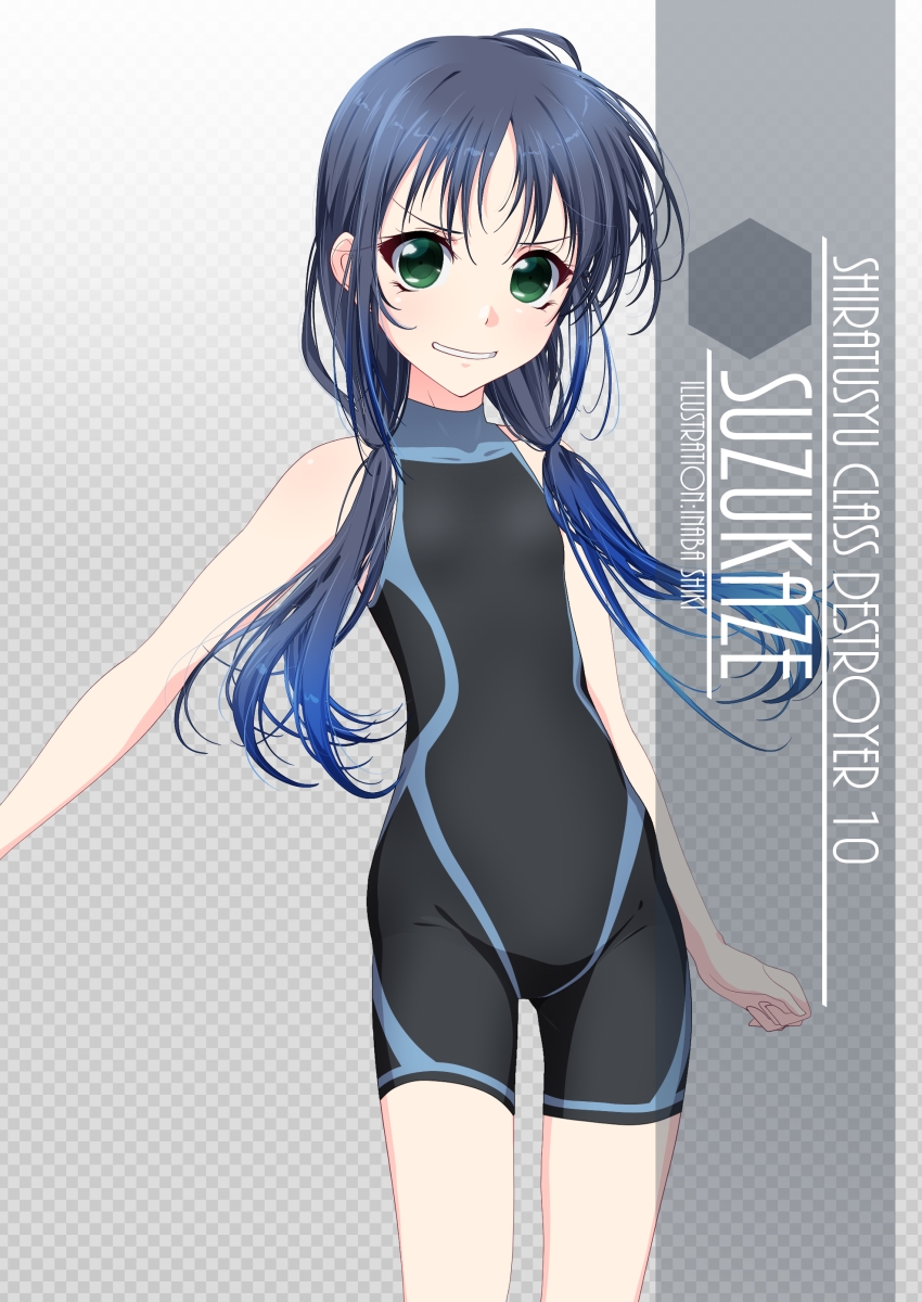 1girl artist_name black_bodysuit black_hair black_wetsuit bodysuit character_name checkered checkered_background commentary_request cowboy_shot flat_chest gradient gradient_background green_eyes highres inaba_shiki kantai_collection long_hair looking_at_viewer low_twintails ribbon sleeveless solo suzukaze_(kantai_collection) twintails wetsuit