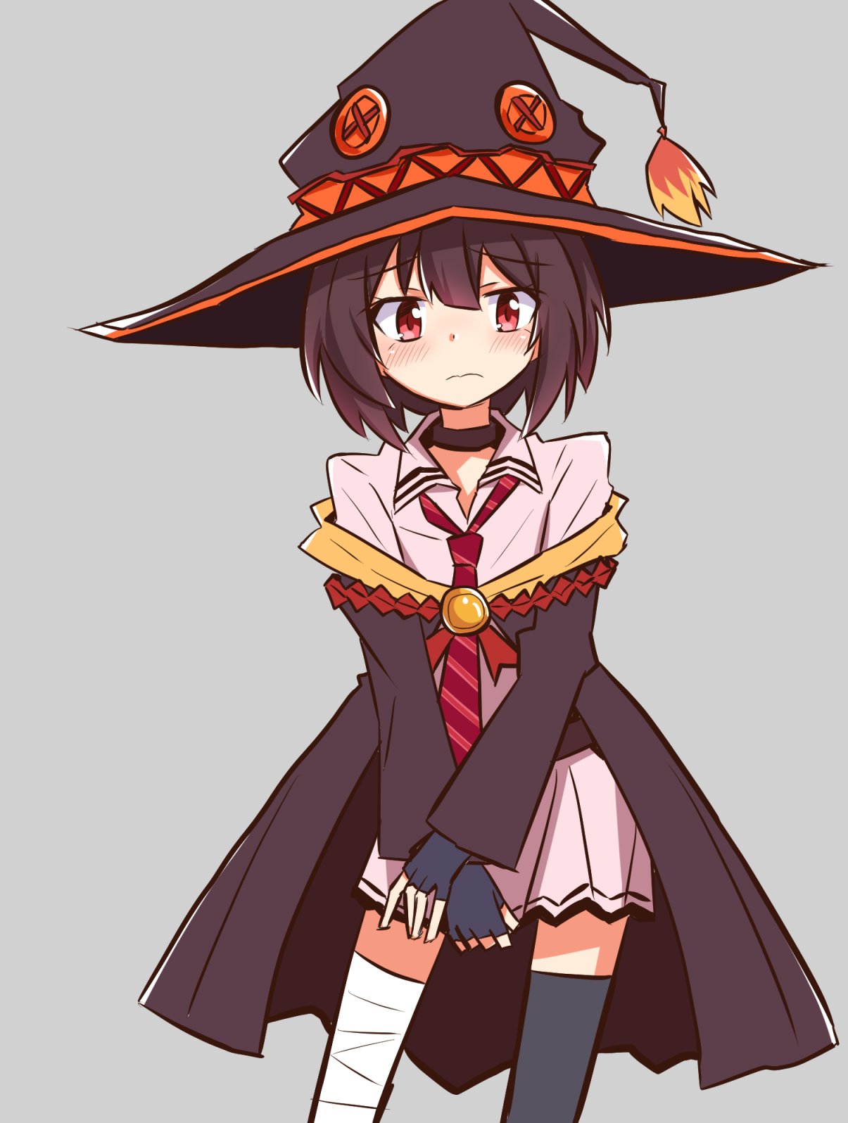 1girl bandaged_leg bandages bangs black_choker black_cloak black_gloves blush bob_cut brown_hair choker cloak cowboy_shot embarrassed fingerless_gloves gloves grey_background hair_between_eyes hat highres kono_subarashii_sekai_ni_shukufuku_wo! light_frown looking_at_viewer loose_necktie megumin necktie nnps_km_sonya off_shoulder pink_shirt pink_skirt pleated_skirt raised_eyebrows red_eyes red_neckwear school_uniform shirt short_hair simple_background single_thighhigh skirt solo striped striped_neckwear thigh-highs thigh_gap translated v_arms witch_hat