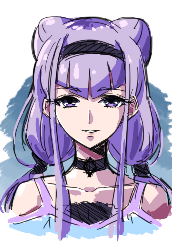 1girl bangs black_hairband choker collarbone double_bun eyebrows_visible_through_hair grin hair_between_eyes hairband hugtto!_precure long_hair looking_at_viewer low_twintails precure purple_hair ruru_amour shiny shiny_hair shoulder_cutout sidelocks simple_background sketch smile solo tsukikage_oyama twintails upper_body violet_eyes white_background