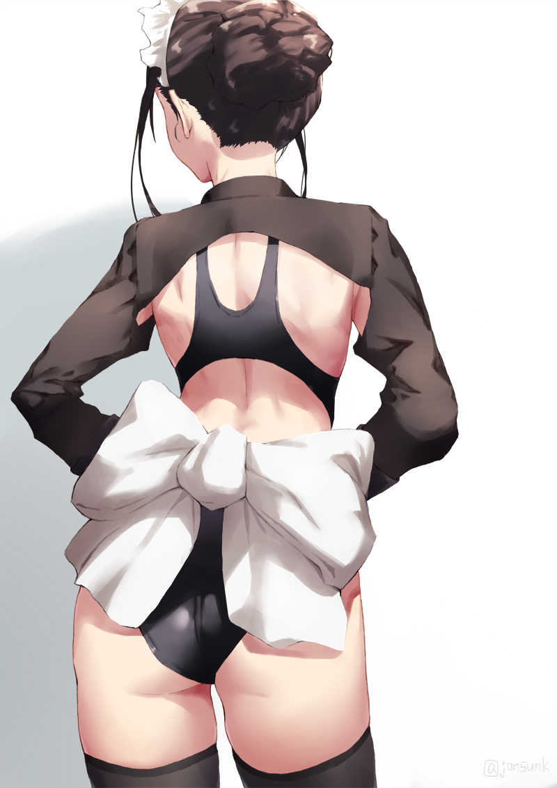 1girl ass black_legwear black_swimsuit bow brown_hair commentary_request competition_swimsuit cowboy_shot facing_away from_behind hair_bun jonsun large_bow long_sleeves maid_headdress mixed-language_commentary nape one-piece_swimsuit original short_hair shrug_(clothing) solo swimsuit thigh-highs twitter_username two-tone_background white_bow