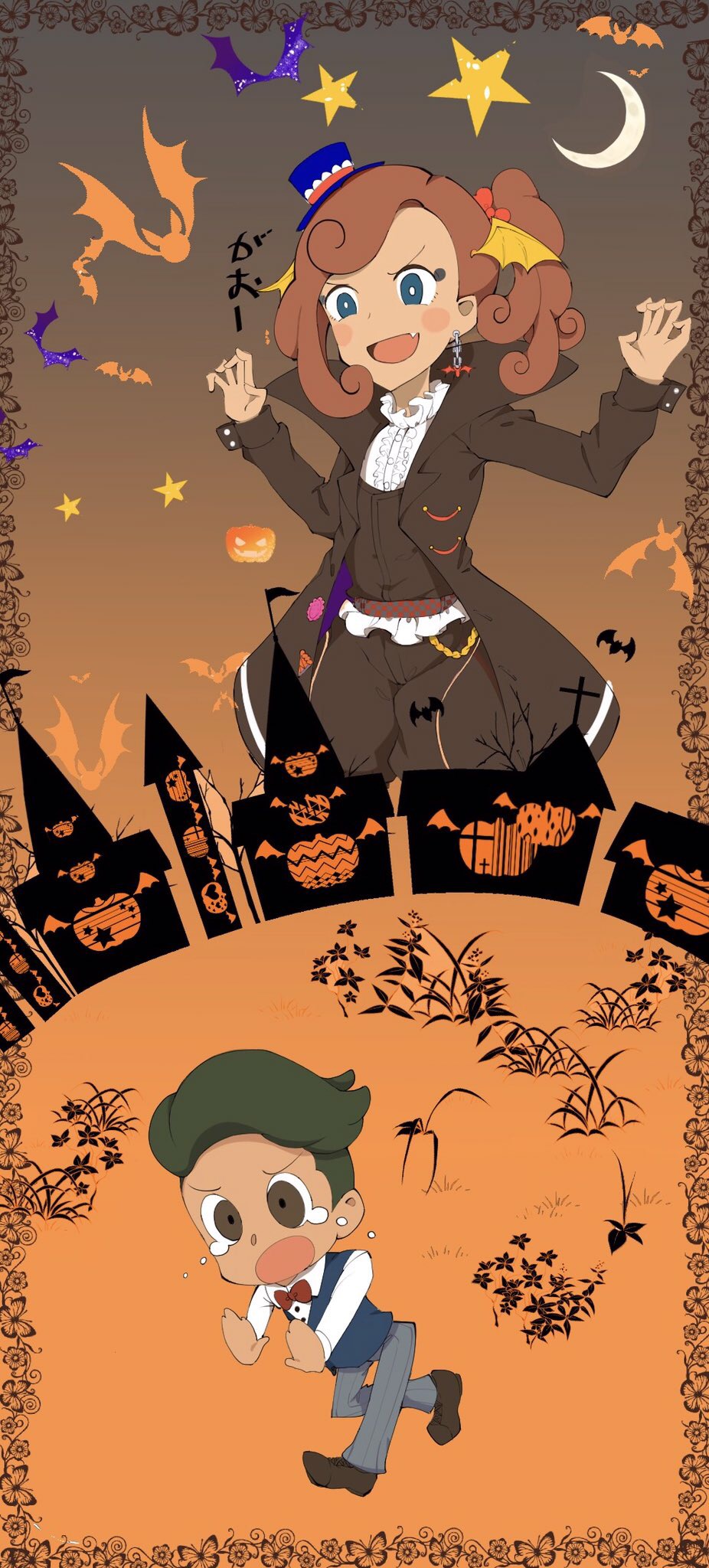 bare_tree bat crescent_moon fangs fleeing halloween highres house katrielle_layton layton's_mystery_journey moon multiple_houses noah_montol pumpkin scared smile tears tero_(o11q) tree vampire