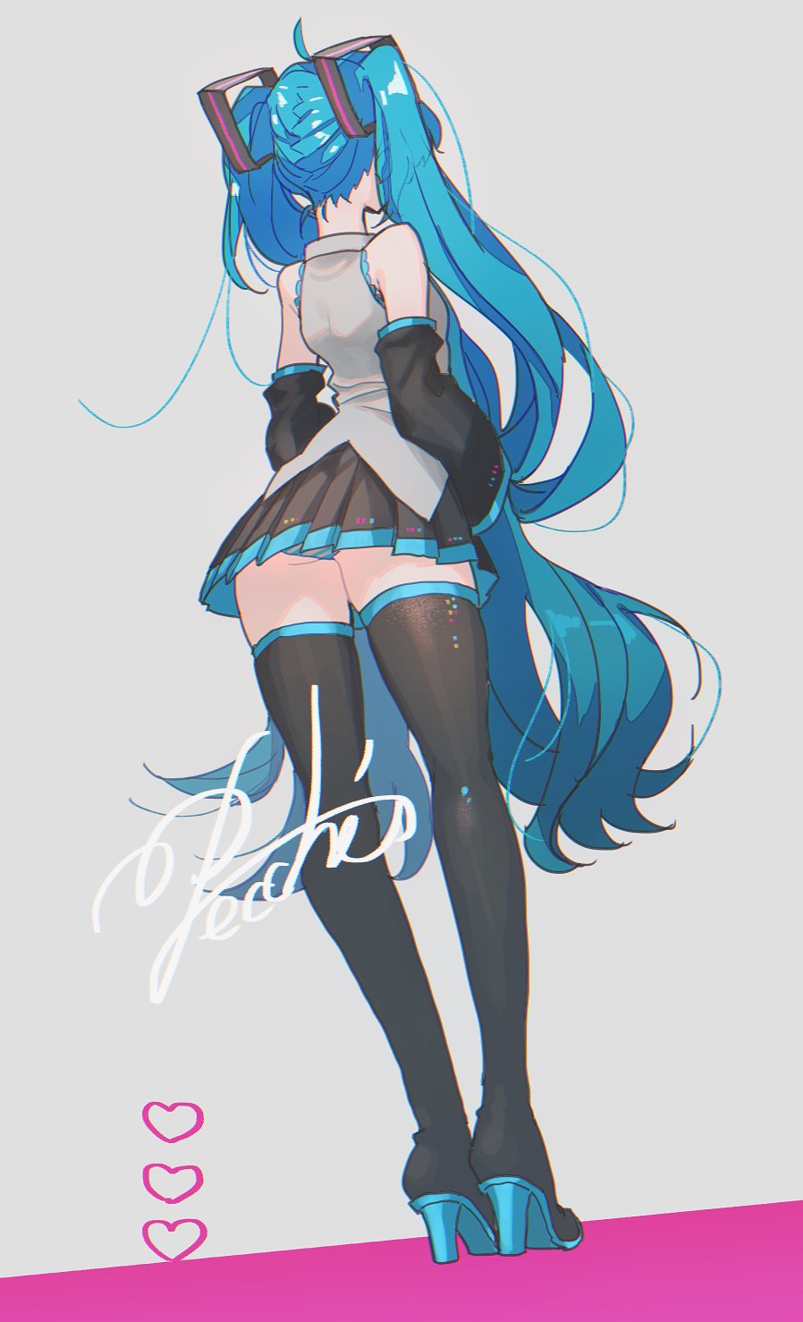 1girl arms_at_sides ass bare_shoulders black_legwear black_skirt blue_hair blue_panties collared_shirt curly_hair detached_sleeves dutch_angle facing_away flat_chest grey_background grey_shirt hatsune_miku heart heart_background highres legs_together long_hair nape panties pecchii pink_background pleated_skirt see-through shiny shiny_hair shirt sidelocks signature simple_background skirt sleeveless sleeveless_shirt solo standing striped striped_panties thigh-highs thighs twintails two-tone_background underwear very_long_hair vocaloid