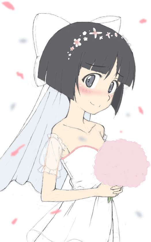 1girl bangs bare_shoulders black_eyes black_hair blunt_bangs blunt_ends blush bob_cut bouquet bow closed_mouth collarbone detached_sleeves dress eyebrows_visible_through_hair flower girls_und_panzer girls_und_panzer_senshadou_daisakusen! hair_bow hair_flower hair_ornament holding holding_bouquet kayabakoro looking_at_viewer petals pink_flower see-through short_hair sketch smile sono_midoriko veil wedding_dress white_bow white_dress