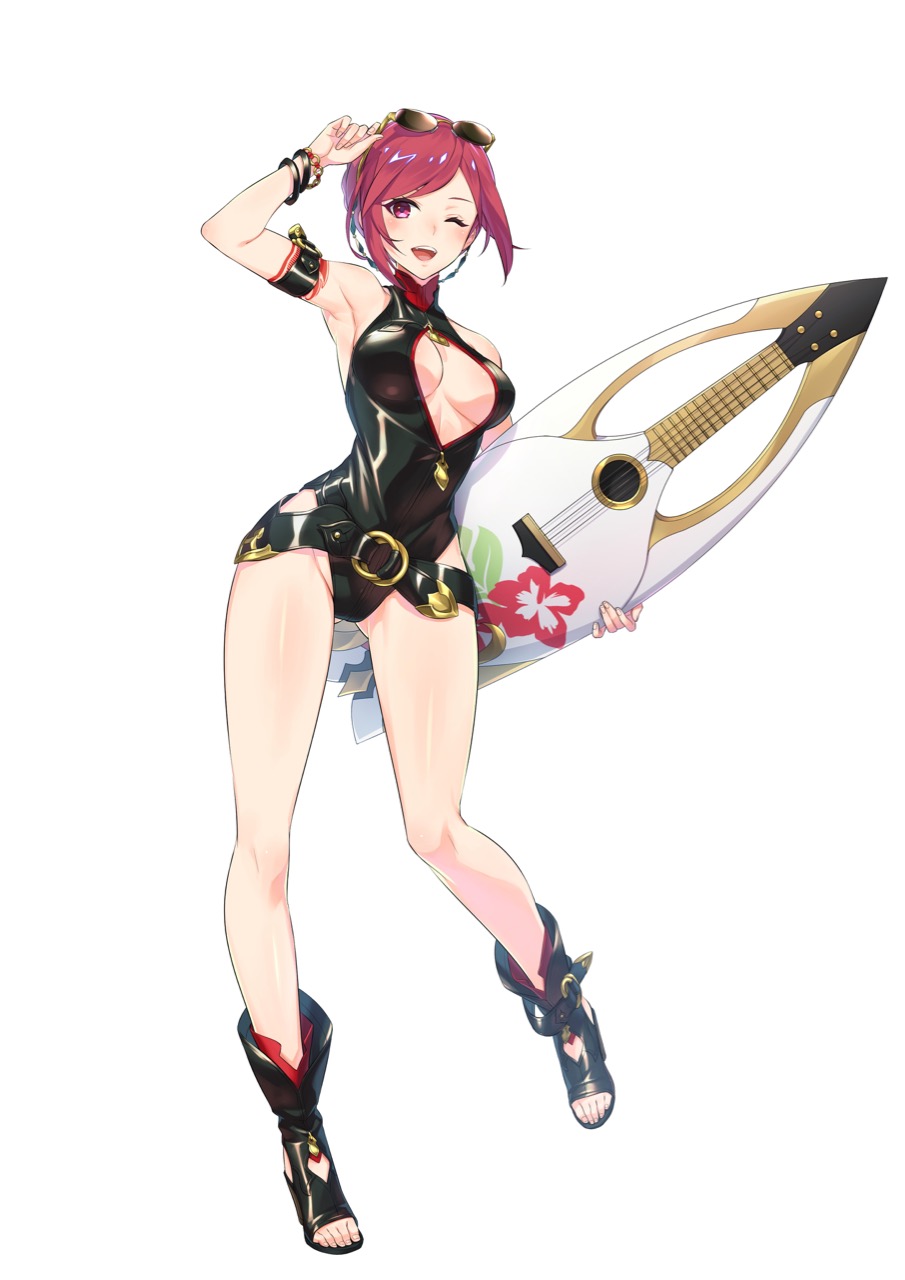 1girl arm_up bracelet eyewear_on_head flamy full_body highres holding idola_phantasy_star_saga jewelry looking_at_viewer official_art one_eye_closed open_mouth open_toe_shoes phantasy_star red_eyes redhead short_hair simple_background solo swimsuit white_background