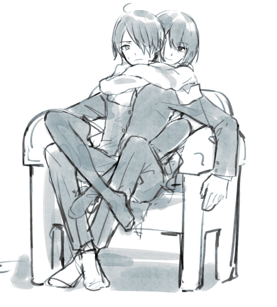 1boy 1girl ahoge araragi_koyomi arms_around_neck bangs black_legwear bob_cut chair commentary crossed_ankles crossed_arms front_to_back furrowed_eyebrows hair_between_eyes hair_over_one_eye hug jacket leg_wrap light_frown light_smile looking_at_another looking_back monochrome monogatari_(series) on_chair oshino_ougi pants pantyhose pleated_skirt retto school_uniform shadow short_hair simple_background sitting sketch skirt sleeves_past_fingers sleeves_past_wrists socks sweatdrop white_background