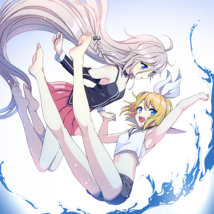 2girls :d :o akiyoshi_(tama-pete) armpit_peek armpits bare_arms bare_legs bare_shoulders barefoot black_choker black_neckwear black_sailor_collar black_shorts blonde_hair blue_background blue_eyes braid breasts choker crop_top expressionless fingernails floating_hair full_body gradient gradient_background grey_hair hair_ribbon hand_up holding_hands ia_(vocaloid) jumping kagamine_rin legs_apart legs_together legs_up light_particles long_hair long_sleeves looking_at_viewer looking_away midriff multiple_girls navel open_mouth pale_skin parted_lips pink_nails pink_skirt pleated_skirt ribbon sailor_collar sharp_teeth shiny shiny_hair short_hair short_shorts shorts simple_background skirt small_breasts smile soles spaghetti_strap teeth toes tongue upper_teeth very_long_hair vignetting vocaloid water white_background white_ribbon yellow_nails