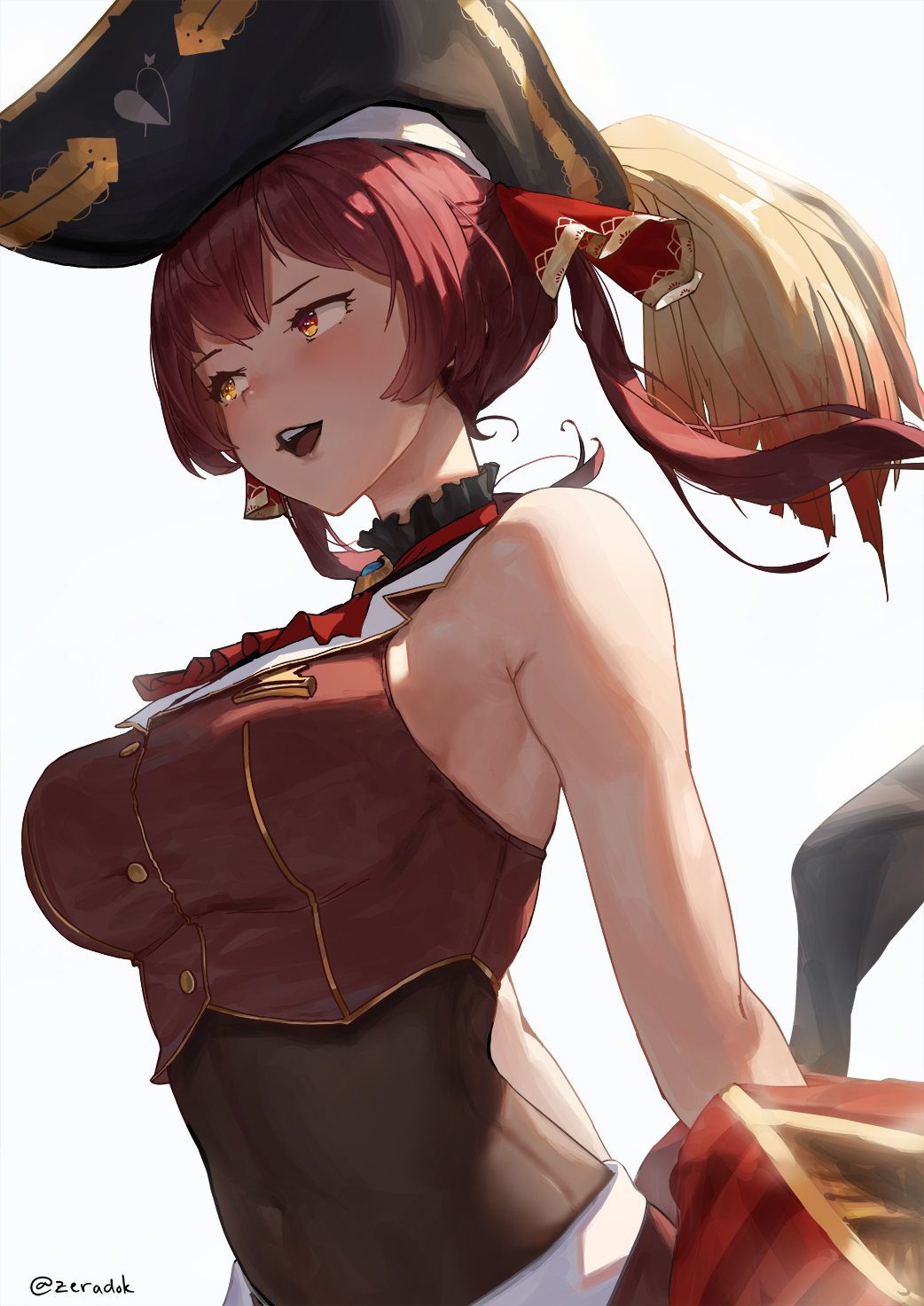 1girl alternate_eye_color armpit_crease ascot bangs bare_shoulders bicorne bodysuit_under_clothes breasts covered_navel hair_ribbon hat highres hololive houshou_marine jacket large_breasts looking_to_the_side medium_hair navel off_shoulder open_mouth red_jacket red_neckwear red_ribbon red_vest redhead ribbon sidelocks simple_background sleeveless solo twintails twitter_username upper_body upper_teeth vest virtual_youtuber white_background yellow_eyes zeradok