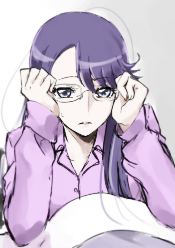 1girl asymmetrical_bangs bangs collared_shirt dress_shirt glasses grey_background grey_eyes heartcatch_precure! long_hair pajamas parted_lips pink_shirt precure purple_hair rimless_eyewear shiny shiny_hair shirt sketch solo straight_hair sweatdrop swept_bangs tsukikage_oyama tsukikage_yuri under_covers upper_body wing_collar